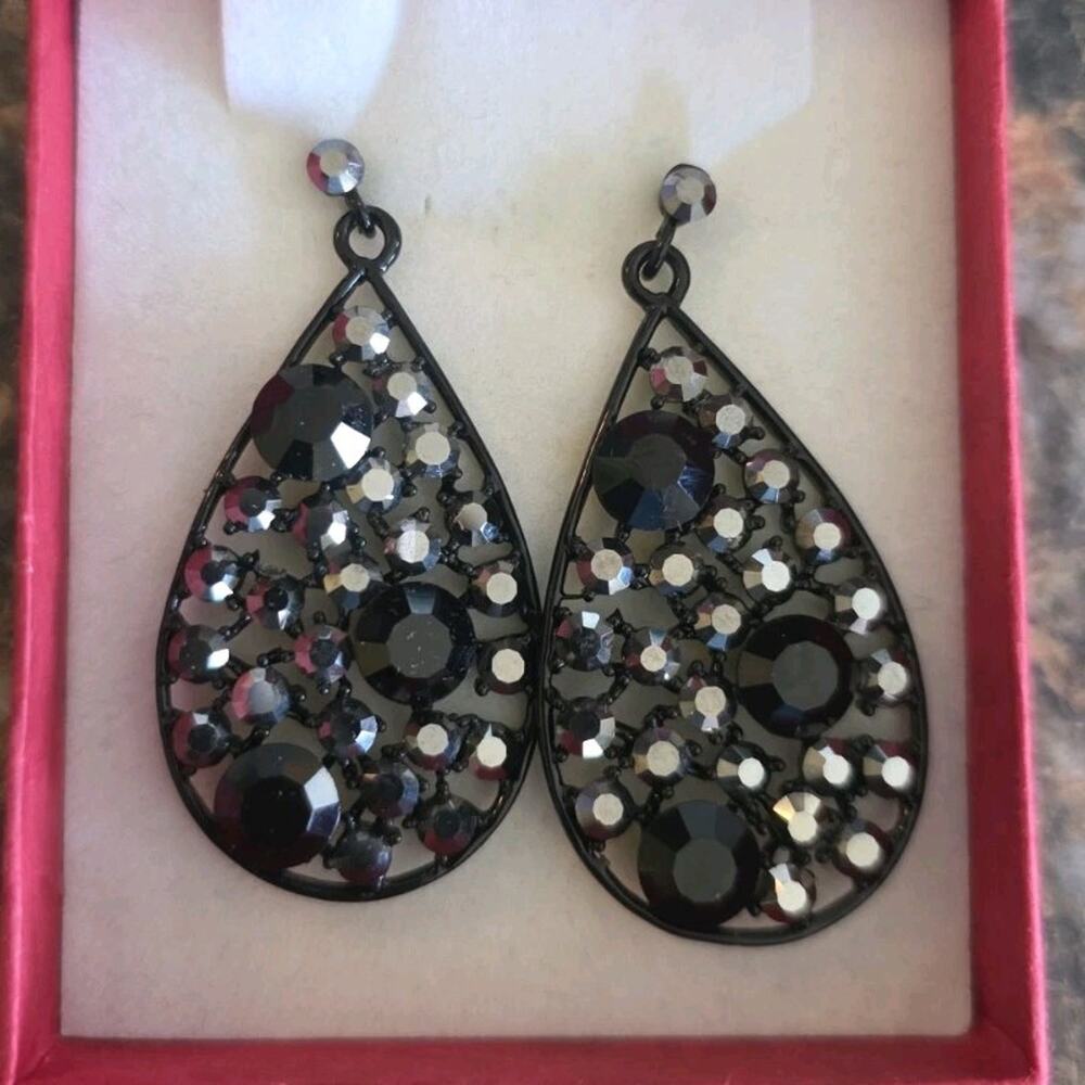 Black & Silver Teardrop Dangle Earrings with Glitter Stones in Gift Box